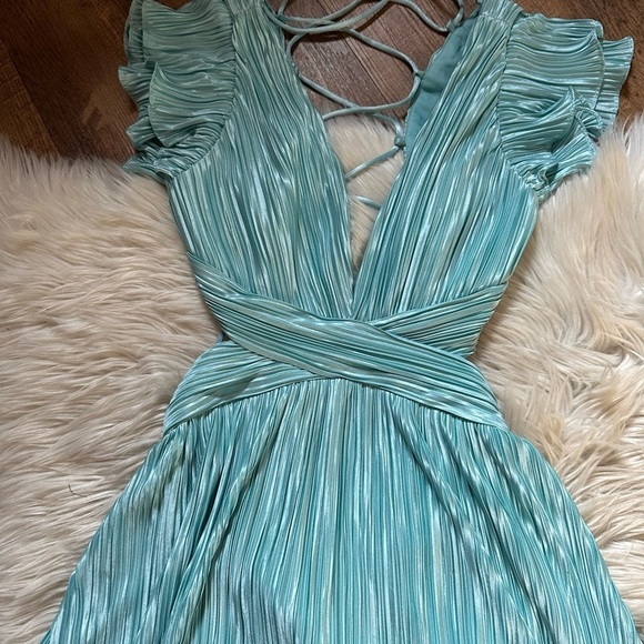 LULU’S Captivating Delight Teal Blue Plisse Satin Lace-Up Mini Dress - Picture 5 of 7